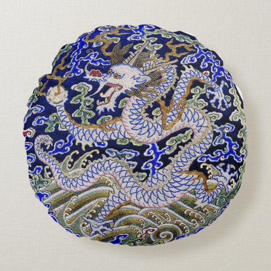 青いヴィンテージの中国のな入れ墨の刺繍のドラゴン ラウンドクッション (正面)