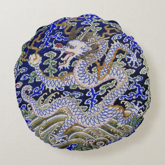 青いヴィンテージの中国のな入れ墨の刺繍のドラゴン ラウンドクッション (裏面)