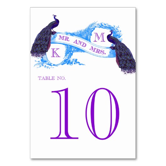 青いヴィンテージの孔雀の結婚式のテーブル数 テーブルナンバー (正面)