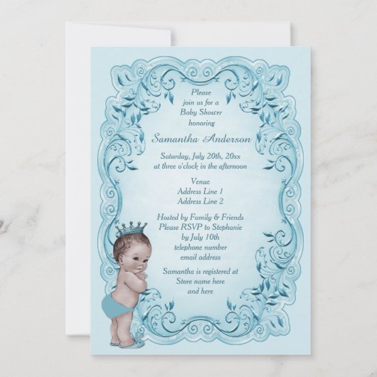 青いヴィンテージの王子ベビーシャワー 招待状 (裏面)