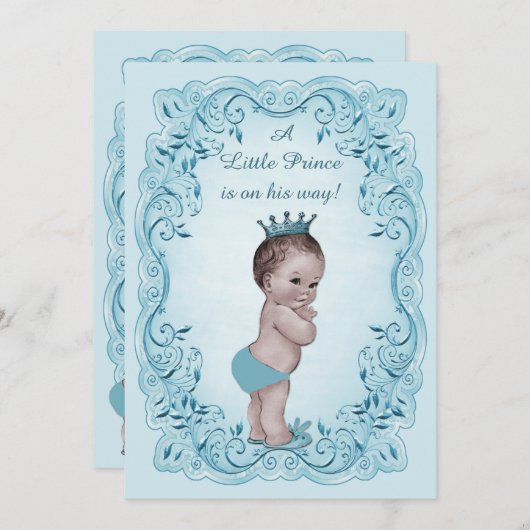 青いヴィンテージの王子ベビーシャワー 招待状 (正面/裏面)