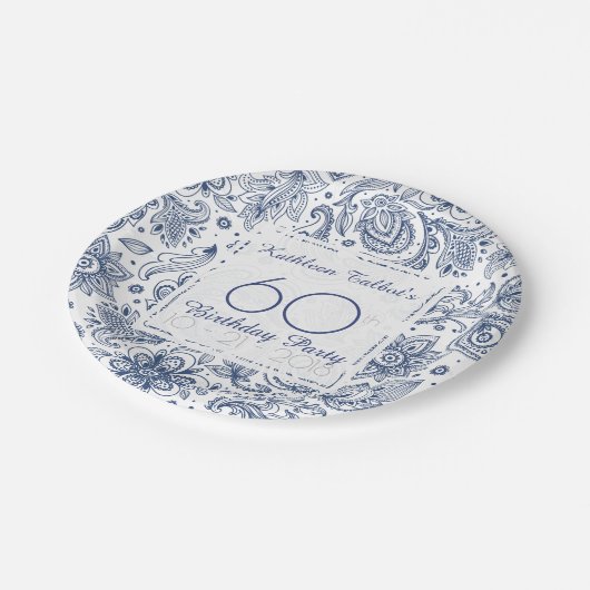 青いヴィンテージの第60誕生会の紙皿 ペーパープレート (アングル)