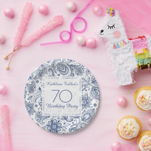 青いヴィンテージの第70誕生会の紙皿 ペーパープレート (パーティー)