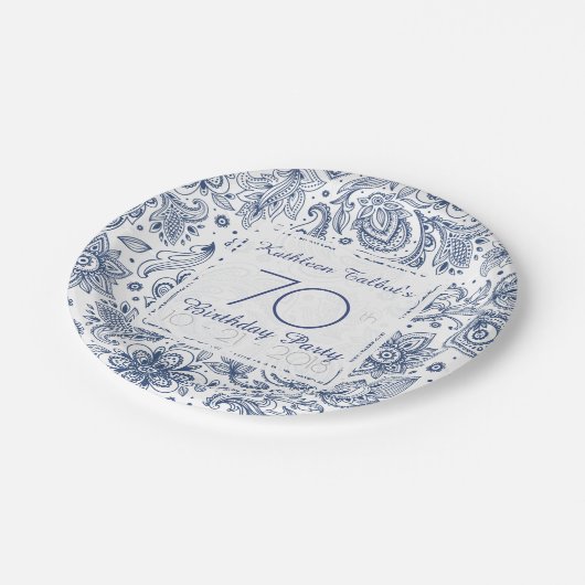 青いヴィンテージの第70誕生会の紙皿 ペーパープレート (アングル)