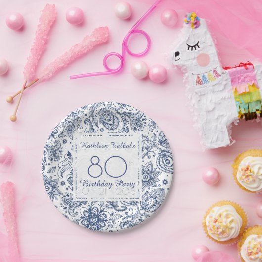 青いヴィンテージの第80誕生会の紙皿 ペーパープレート (パーティー)