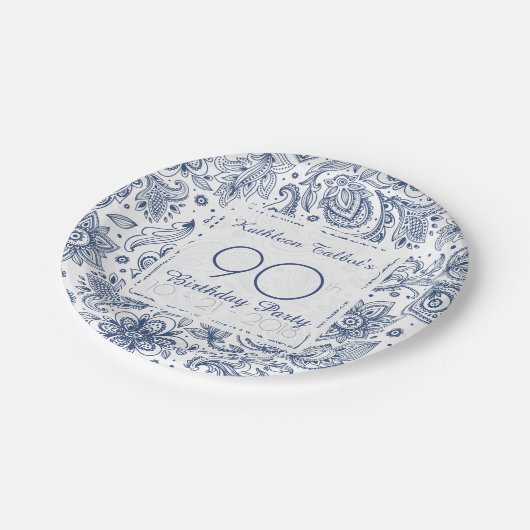 青いヴィンテージの第90誕生会の紙皿 ペーパープレート (アングル)