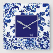 青いヴィンテージの美しい庭の花 スクエア壁時計 (正面)