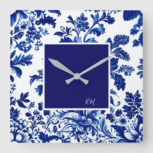 青いヴィンテージの美しい庭の花 スクエア壁時計 (正面)