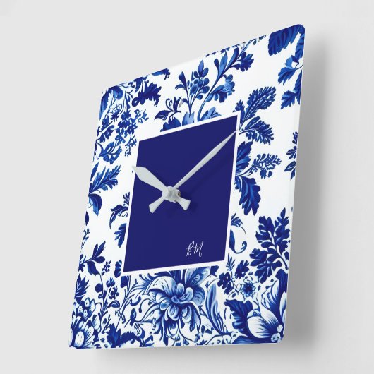 青いヴィンテージの美しい庭の花 スクエア壁時計 (傾斜)