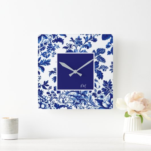 青いヴィンテージの美しい庭の花 スクエア壁時計 (ホーム)