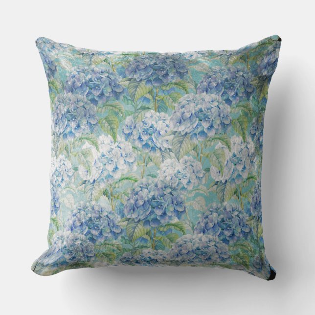 青いヴィンテージの花のアジサイの花模様 クッション (正面)