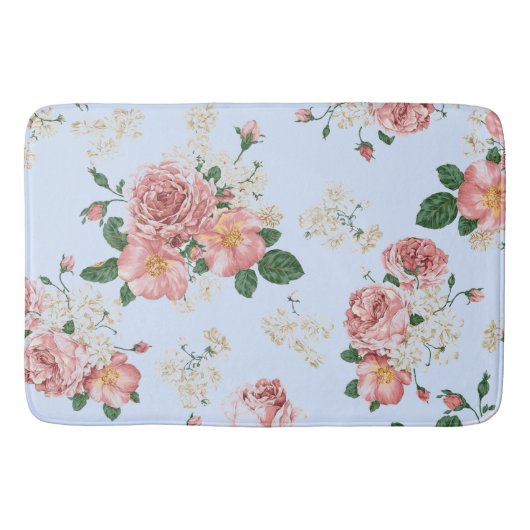 青いヴィンテージの花柄にピンクとクリーム色 バスマット (正面)