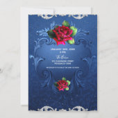青いヴィンテージの装飾的な赤いバラのウェディング 招待状 (裏面)