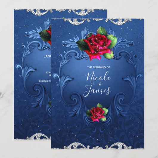 青いヴィンテージの装飾的な赤いバラのウェディング 招待状 (正面/裏面)