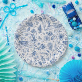 青いヴィンテージウサギと春の花パターン ペーパープレート (パーティー)