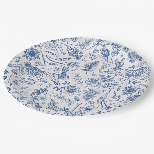 青いヴィンテージウサギと春の花パターン ペーパープレート (アングル)