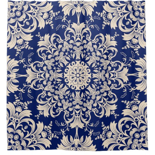 青いヴィンテージエレガント：シームレスパターン。 シャワーカーテン (正面)