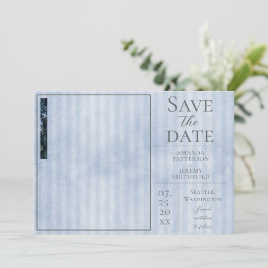 青いヴィンテージストライプの写真の日付の保存 セーブザデート (スタンド正面)