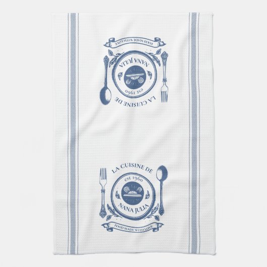 青いヴィンテージフランスのスタイルカスタマイズ料理名 キッチンタオル (縦)