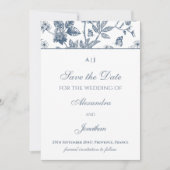 青いヴィンテージフランスのフローラ日付の写真の保存 招待状 (正面)