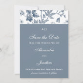 青いヴィンテージフランスのフローラ日付の写真の保存 招待状 (正面)