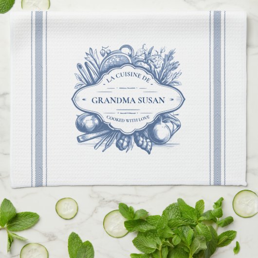 青いヴィンテージフランスの料理パーソナライズされた名 キッチンタオル (折り畳み)