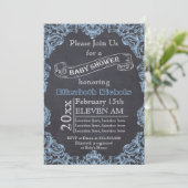 青いヴィンテージフレームと黒板ベビーシャワー 招待状 (スタンド正面)