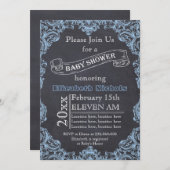 青いヴィンテージフレームと黒板ベビーシャワー 招待状 (正面/裏面)