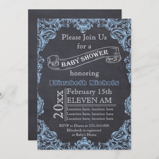 青いヴィンテージフレームと黒板ベビーシャワー 招待状 (正面/裏面)