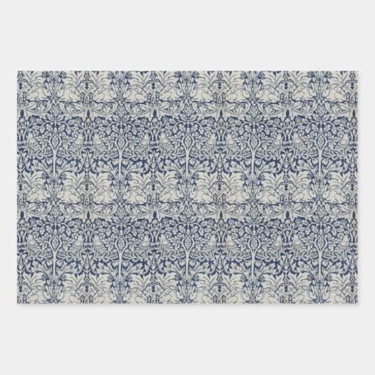 青いヴィンテージモリス模様の鳥とウサギ ラッピングペーパーシート (正面)