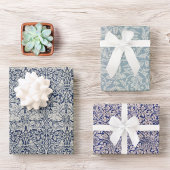 青いヴィンテージモリス模様の鳥とウサギ ラッピングペーパーシート