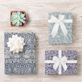 青いヴィンテージモリス模様の鳥とウサギ ラッピングペーパーシート