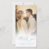 青いヴィンテージ手書きスクリプト3結婚写真 サンキューカード (正面)