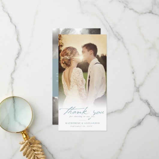 青いヴィンテージ手書きスクリプト3結婚写真 サンキューカード (正面/裏面インサイチュ)