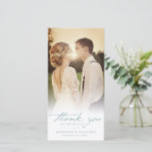 青いヴィンテージ手書きスクリプト3結婚写真 サンキューカード (スタンド正面)