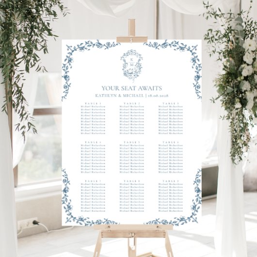 青いヴィンテージ結婚のクレストの9テーブル座席表 ポスター