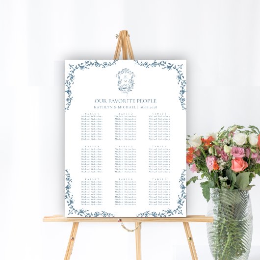 青いヴィンテージ結婚のクレストの9テーブル座席表 ポスター