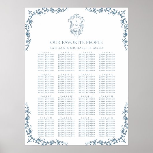 青いヴィンテージ結婚の定盤16の座席表 ポスター (正面)