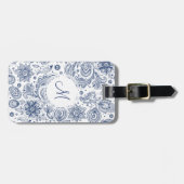 青いヴィンテージ花パターンモノグラムの荷物のラベル ラゲッジタグ (正面横)
