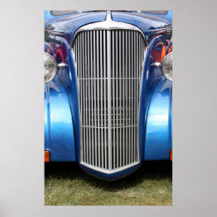 青いヴィンテージ車の前部プリント ポスター