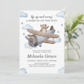 青いヴィンテージ飛行機男の子ベビーシャワー 招待状 (スタンド正面)