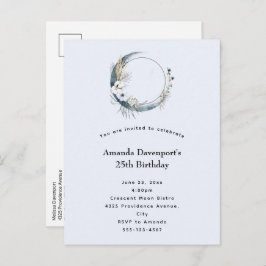 青い三日月と白い花誕生日 インビテーションポストカード
