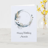 青い三日月と白い花誕生日 カード (黄色い花)