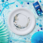 青い三日月と白い花誕生日 ペーパープレート (パーティー)