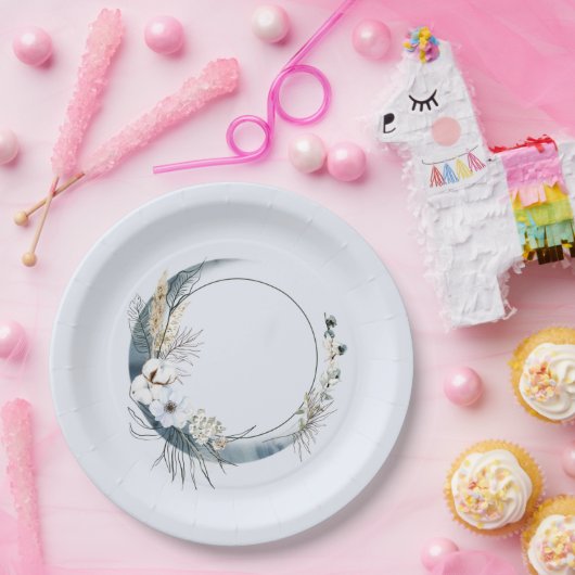 青い三日月と白い花誕生日 ペーパープレート (パーティー)