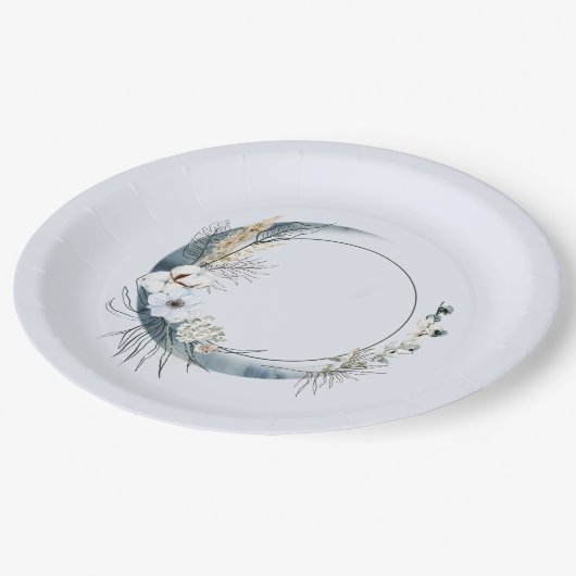 青い三日月と白い花誕生日 ペーパープレート (アングル)