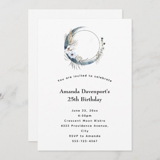 青い三日月と白い花誕生日 招待状 (正面/裏面)