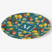 青い上にイチゴとレモンの花の模様 ペーパープレート (アングル)