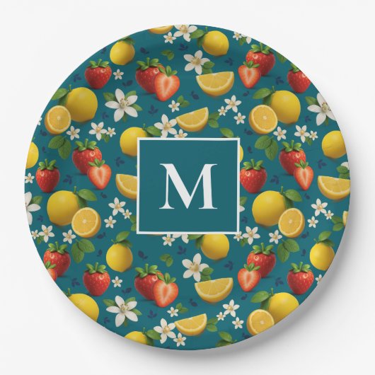 青い上にイチゴとレモンの花の模様 ペーパープレート (正面)