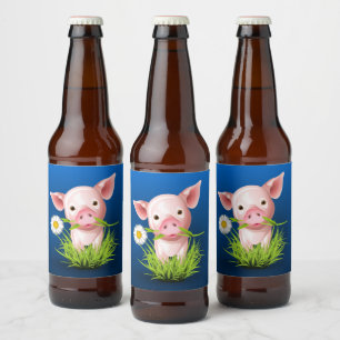 青い上に緑の草を植えた小さなピンクの豚 ビールラベル
